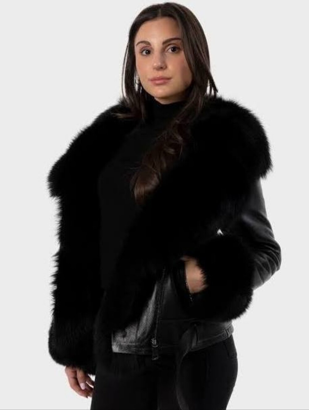 Black Shearling-Lined Leather Jacket - Women's